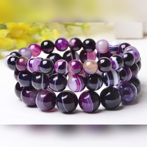 💛 Purple Striped Agate Beaded Bracelet - Picture 3 of 7